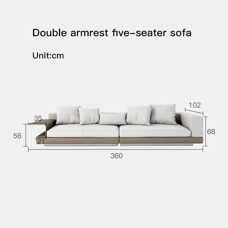 Measurement chart of a double armrest five-seater sofa with dimensions labeled.