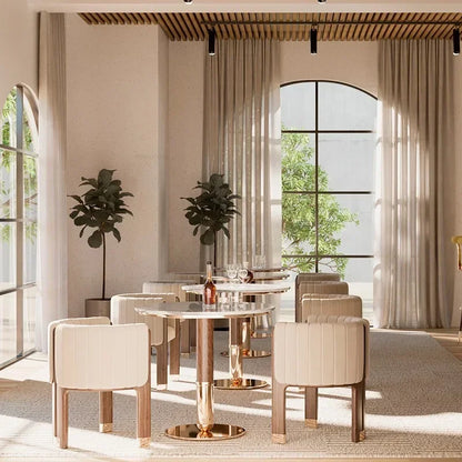 Luxury solid wood dining chair, showcasing clean lines and stylish fabric upholstery.
