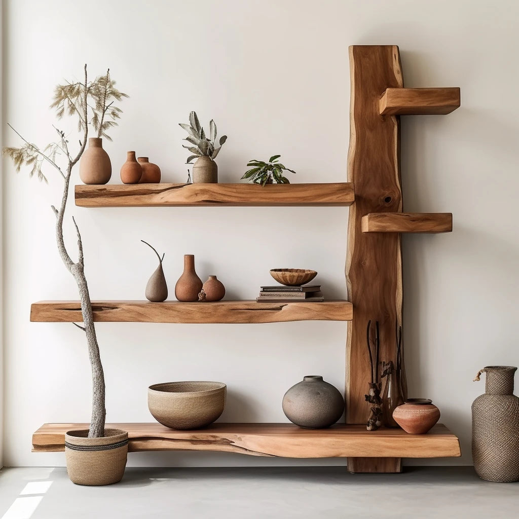 Natural Elm Wood Wabi-Sabi Bookshelf – Multi-Layer Floor-to-Ceiling Shelf for Tranquil Modern Interiors