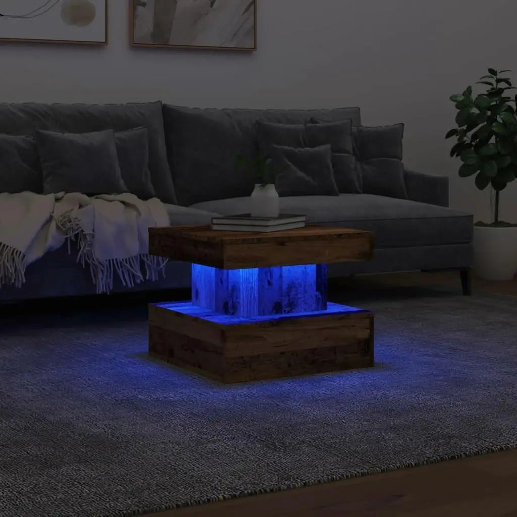 Wooden table with blue LED lights in a living room setting