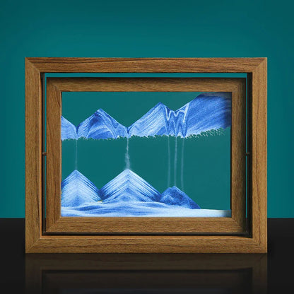 Framed artwork of mountains on a teal background