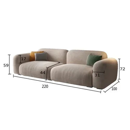 Beige sofa with dimensions labeled on a white background