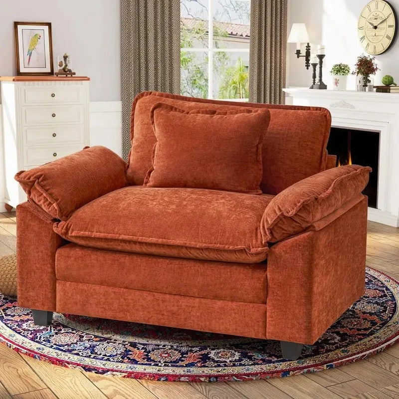 Orange sofa in a living room setting with decor elements.