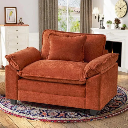 Orange sofa in a living room setting with decor elements.