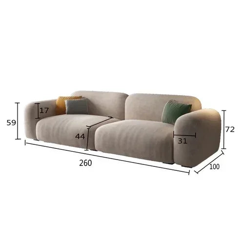 Beige sofa with dimensions marked on a white background