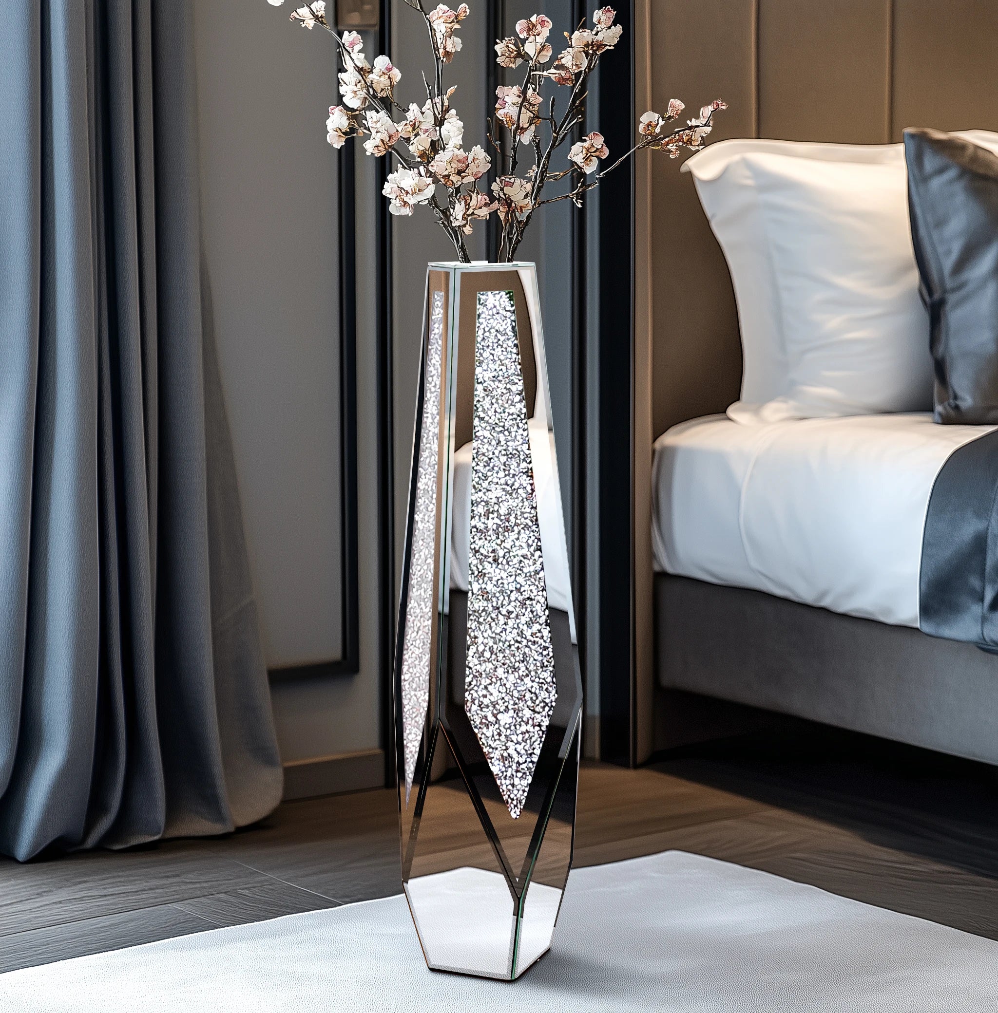 Decorative vase with floral arrangement on a table in a bedroom setting