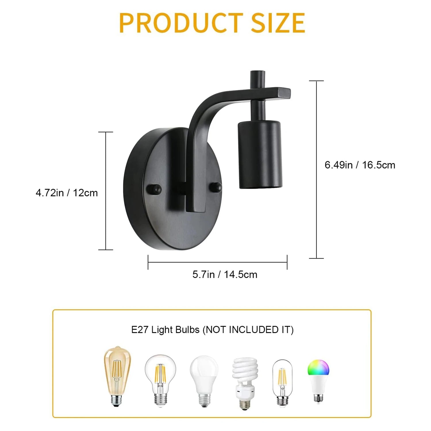 Black wall light fixture with dimensions and E27 light bulb options on a white background
