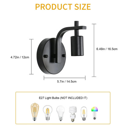 Black wall light fixture with dimensions and E27 light bulb options on a white background