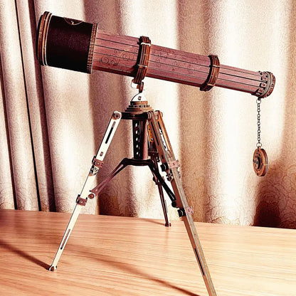 Wooden telescope on a tripod against a beige curtain background