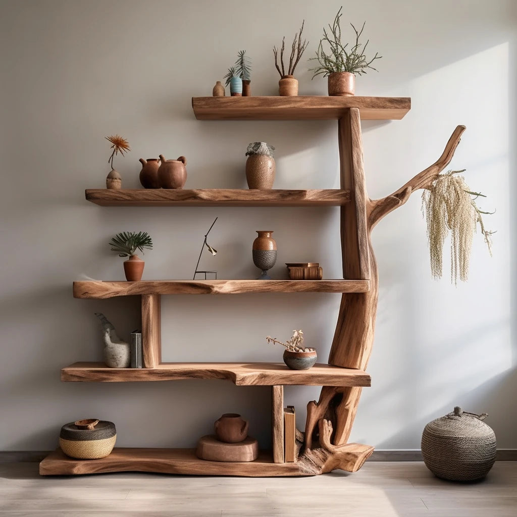 Natural Elm Wood Wabi-Sabi Bookshelf – Multi-Layer Floor-to-Ceiling Shelf for Tranquil Modern Interiors