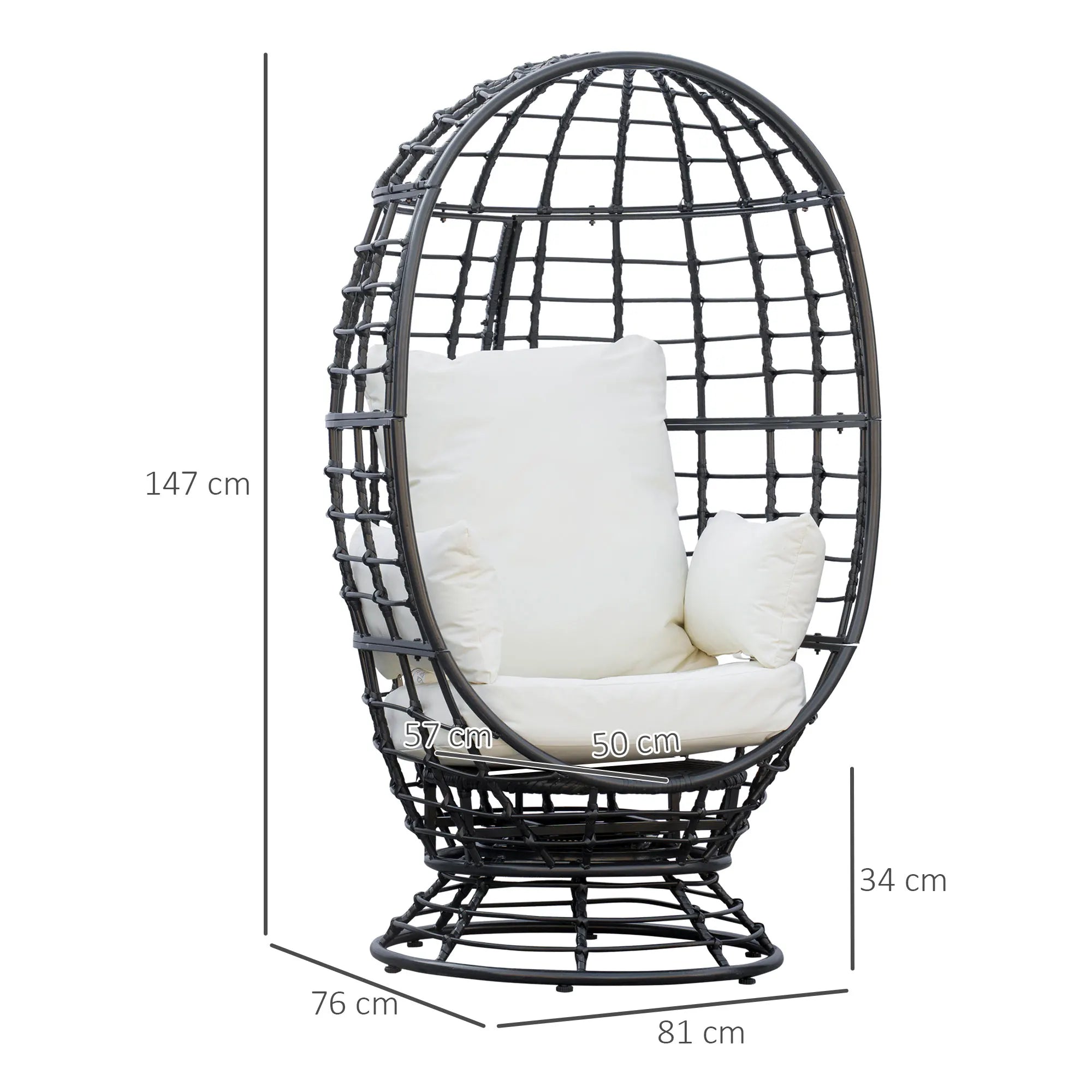 Black wicker egg chair with white cushions and dimensions on a white background
