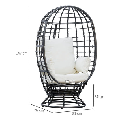 Black wicker egg chair with white cushions and dimensions on a white background