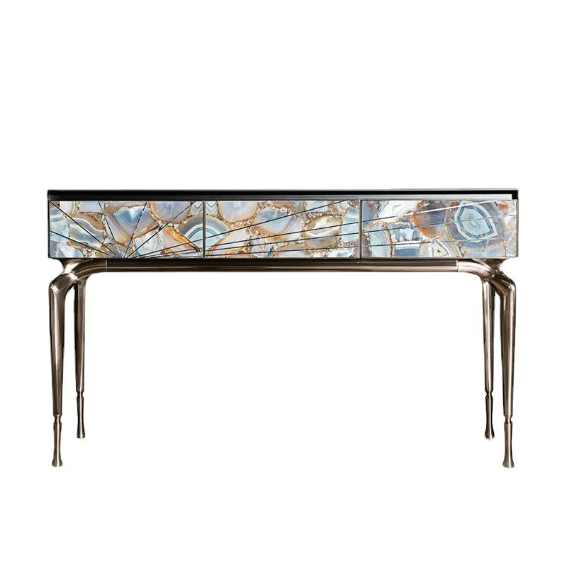 Console table with decorative glass top on a white background