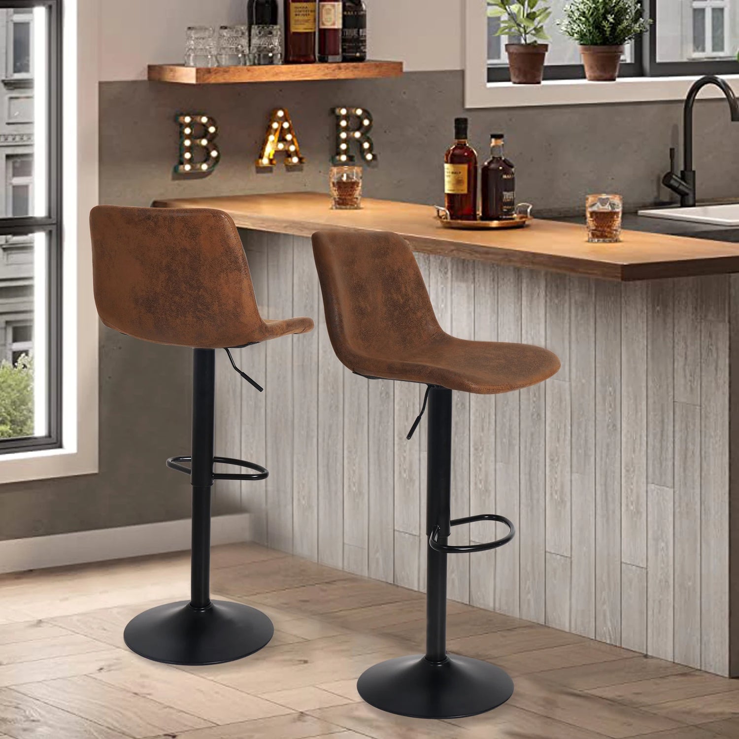 Adjustable leather bar stool with pipe-style frame