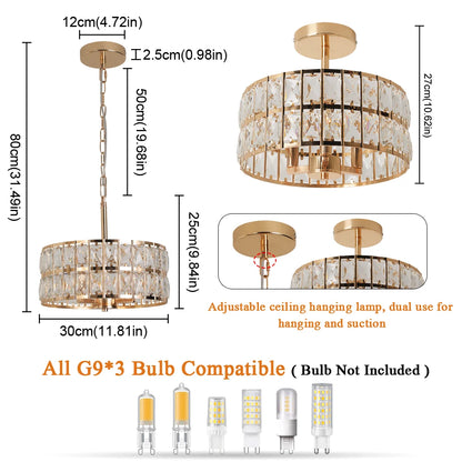 Chandelier with dimensions and bulb compatibility information on a white background