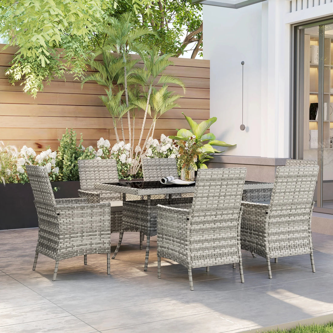 Outsunny 6 Seater Rattan Garden Furniture Set with Cushions, Mixed-Grey