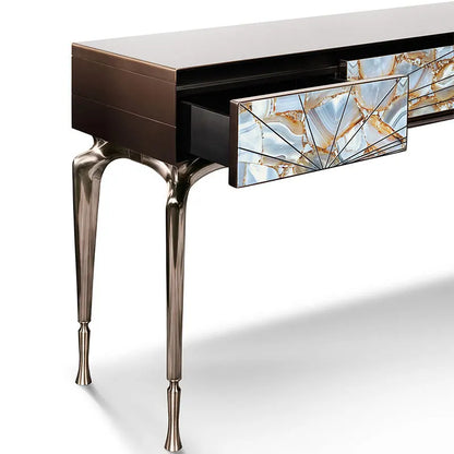 Decorative console table with marble-patterned drawer on a white background
