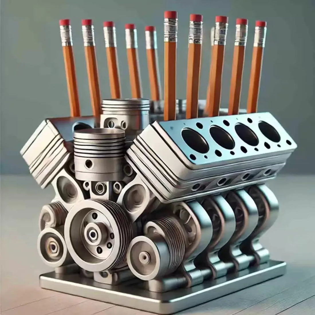 Metal engine model with pencil holder on a gray background