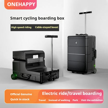 Black 20-inch electric trolley suitcase with built-in charger and scooter functionality.&quot;