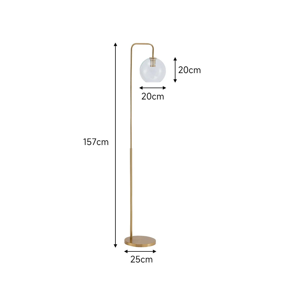 Gold floor lamp with measurements on a white background