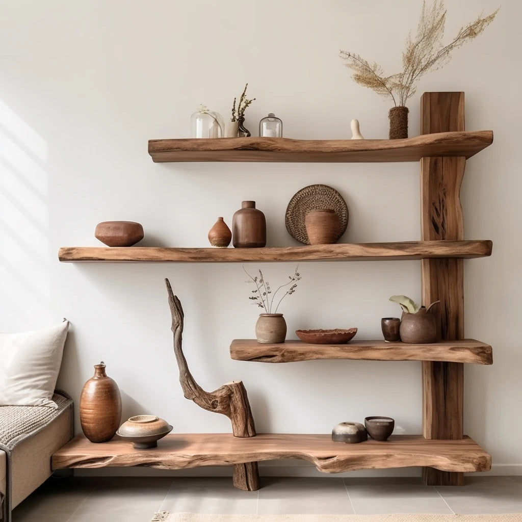 Natural Elm Wood Wabi-Sabi Bookshelf – Multi-Layer Floor-to-Ceiling Shelf for Tranquil Modern Interiors