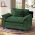 Green sofa in a living room setting with decor elements.