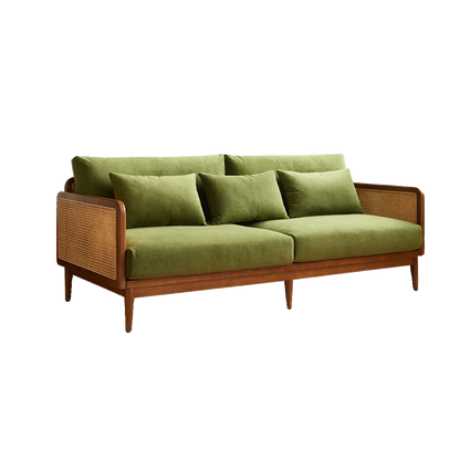 Green sofa with wooden frame on a white background