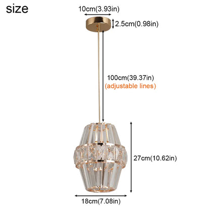 Gold pendant light with measurements on a white background