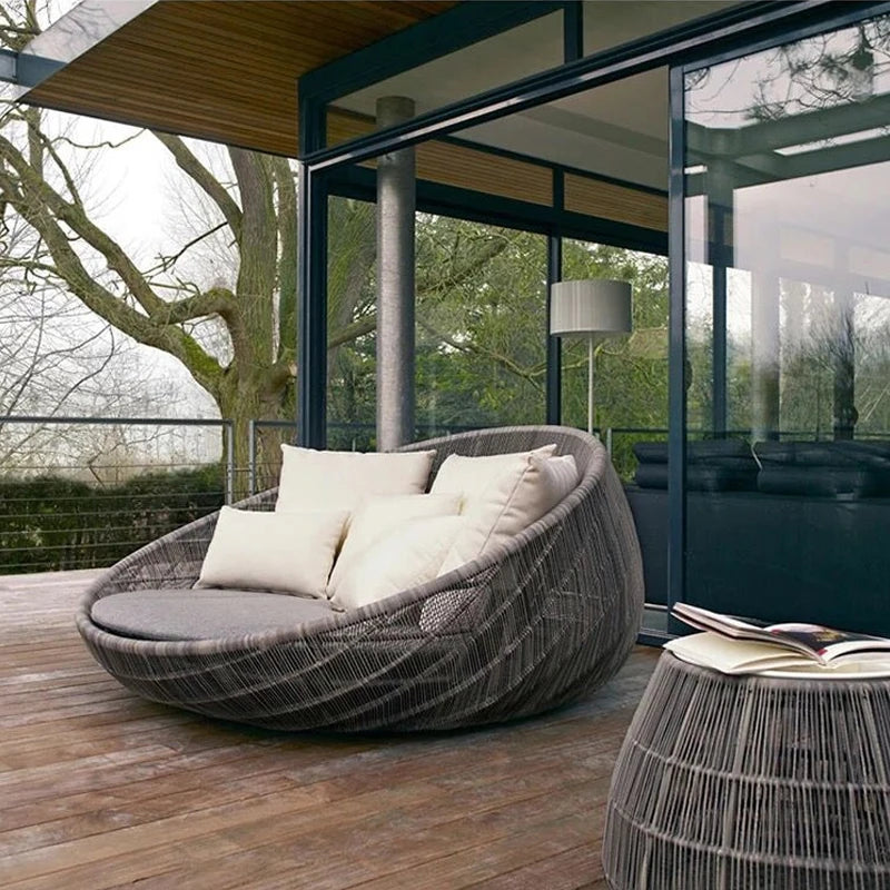 Weather-resistant materials on an outdoor garden round bed chair.