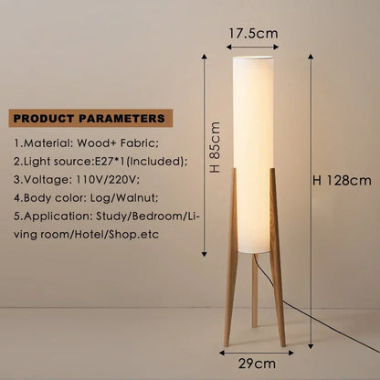 Wooden floor lamp with dimensions and product parameters on a beige background