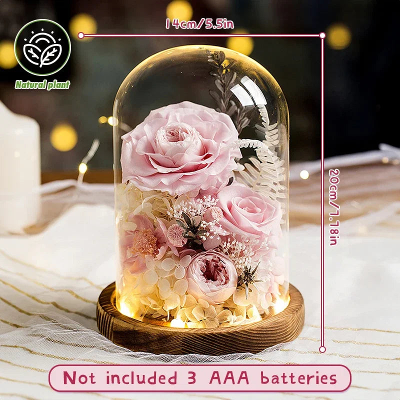 Preserved flower bear displayed on a bedside table.