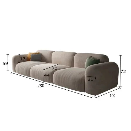 Gray sofa with dimensions labeled on a white background