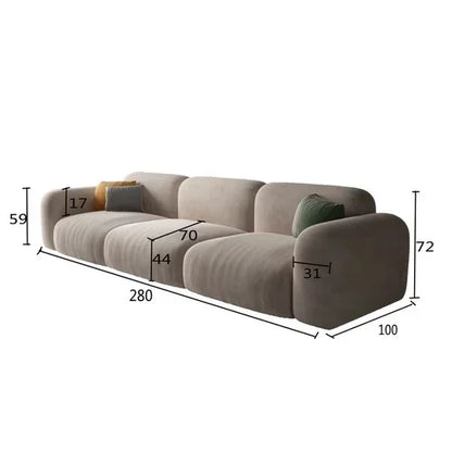 Gray sofa with dimensions labeled on a white background