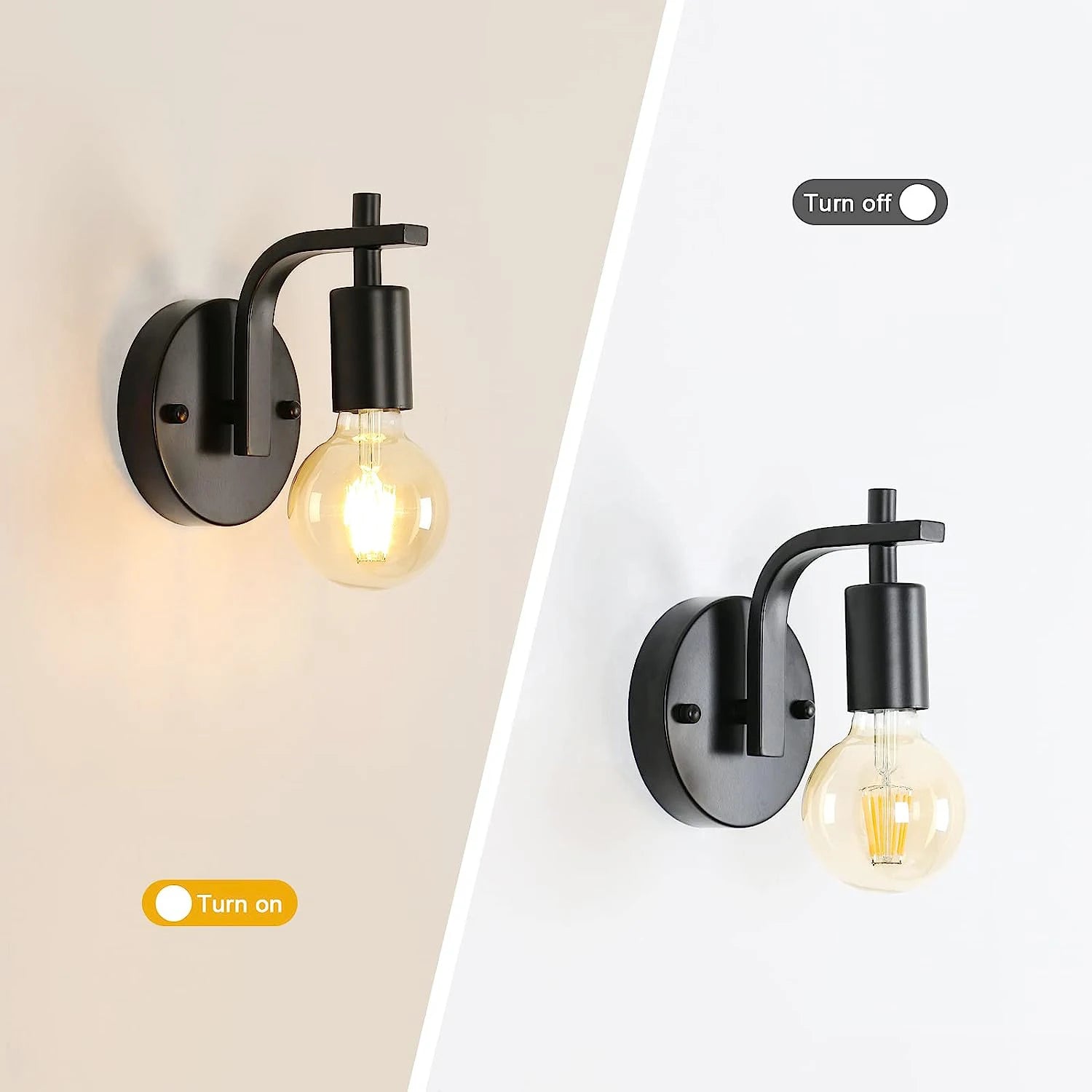 Black wall sconces with illuminated light bulbs on a beige and white background.