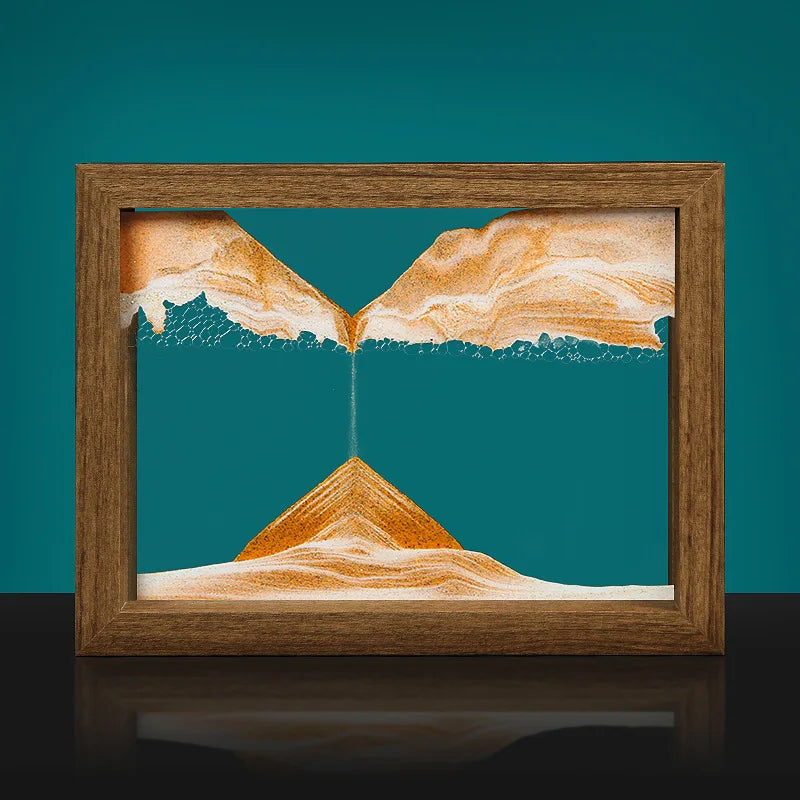 Framed artwork of a mountain landscape with a wooden frame on a teal background