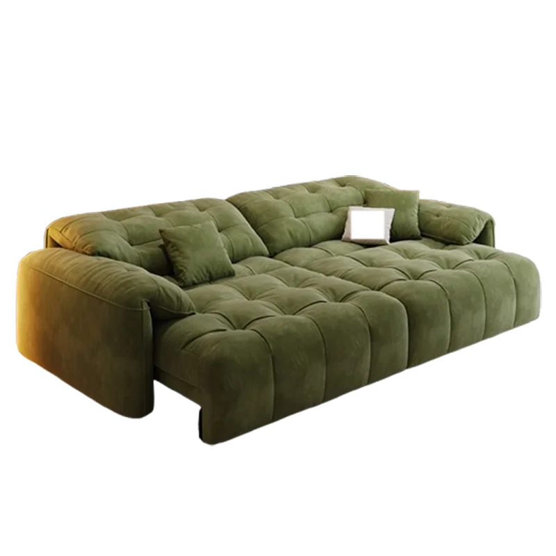 Green sofa with tufted design on a white background