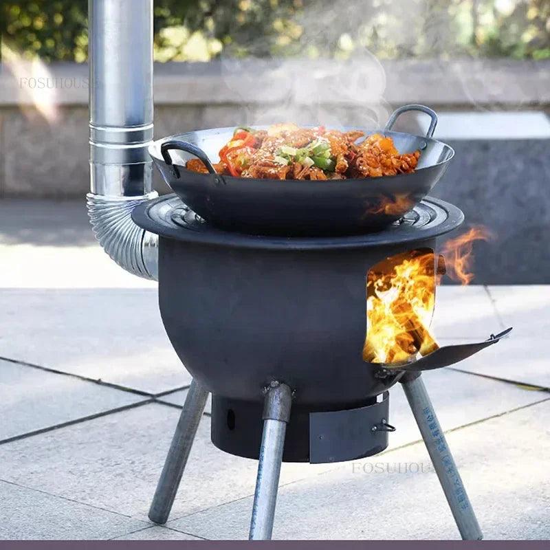 Portable camping fire pit with grill stand for outdoor cooking