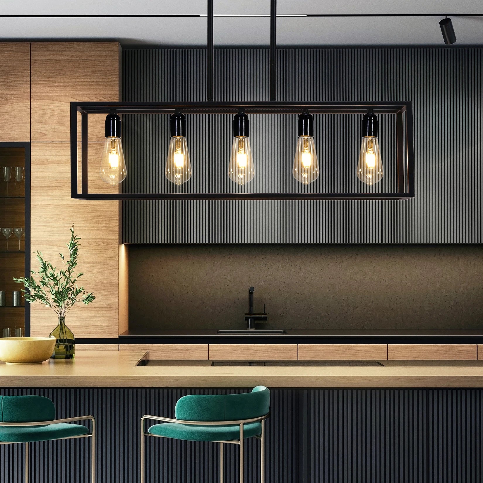 Modern kitchen with a pendant light fixture and wooden cabinets.