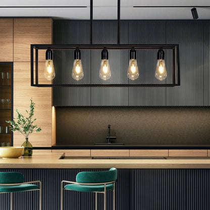 Modern kitchen with a pendant light fixture and wooden cabinets.