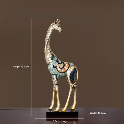 Decorative giraffe statue with measurements on a dark background