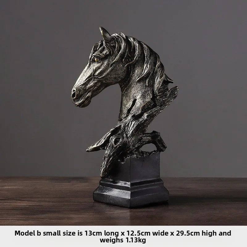 Bronze horse head sculpture on a dark background