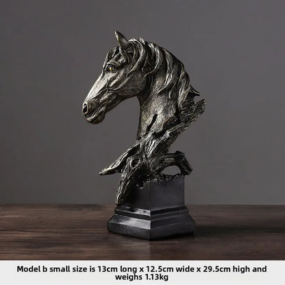 Bronze horse head sculpture on a dark background
