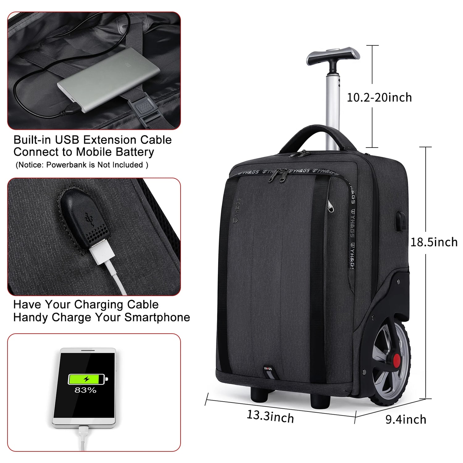 Traveler pulling a KONO suitcase with adjustable telescoping handle.