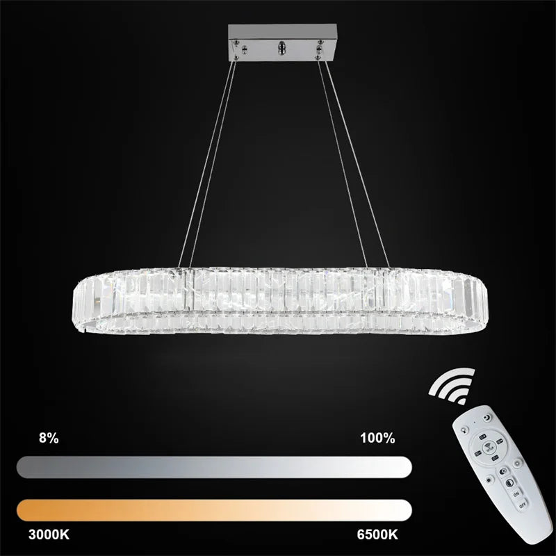 Modern LED chandelier with adjustable lighting modes in warm, neutral, and cool tones, perfect for living rooms.