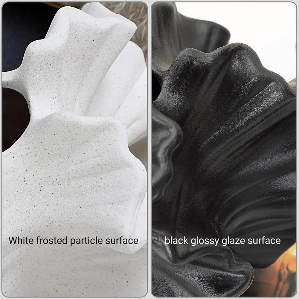 Two different surface finishes of a decorative item: white frosted particle on the left and black glossy glaze on the right.