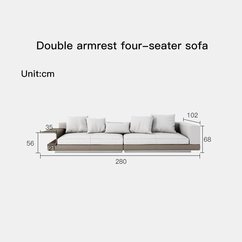 Measurement chart of a double armrest four-seater sofa with dimensions in centimeters.