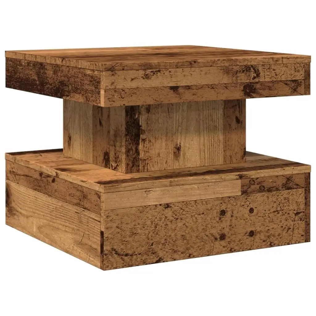Wooden side table with a rustic design on a white background