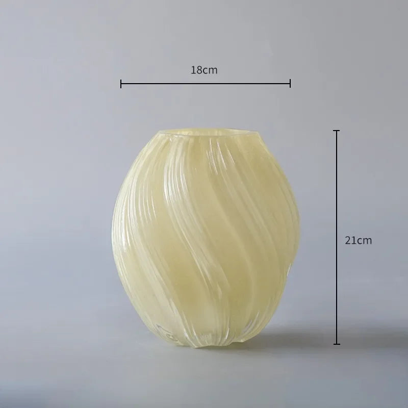 Beige textured vase with dimensions on a gray background