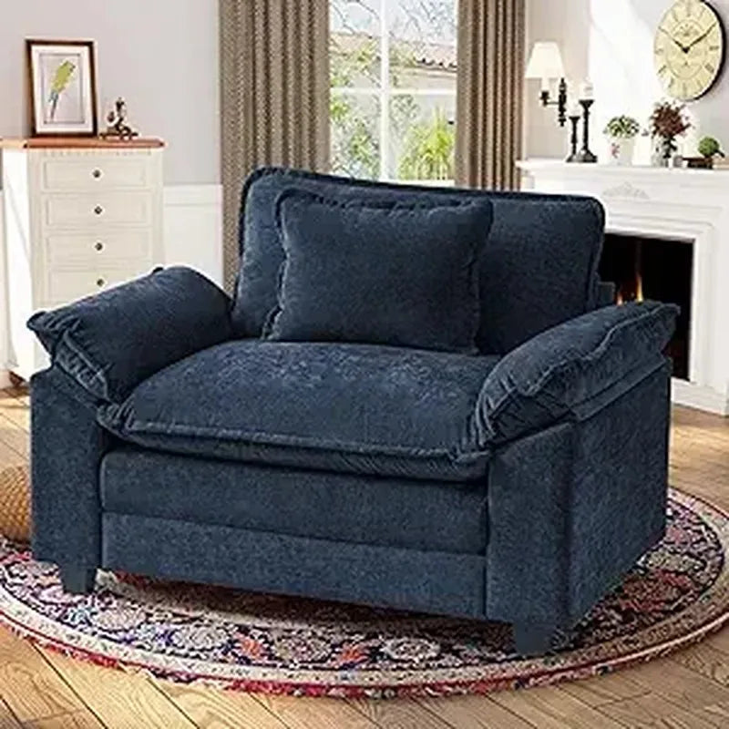 Blue armchair in a living room setting with decor elements.
