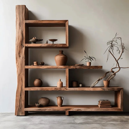 Natural Elm Wood Wabi-Sabi Bookshelf – Multi-Layer Floor-to-Ceiling Shelf for Tranquil Modern Interiors